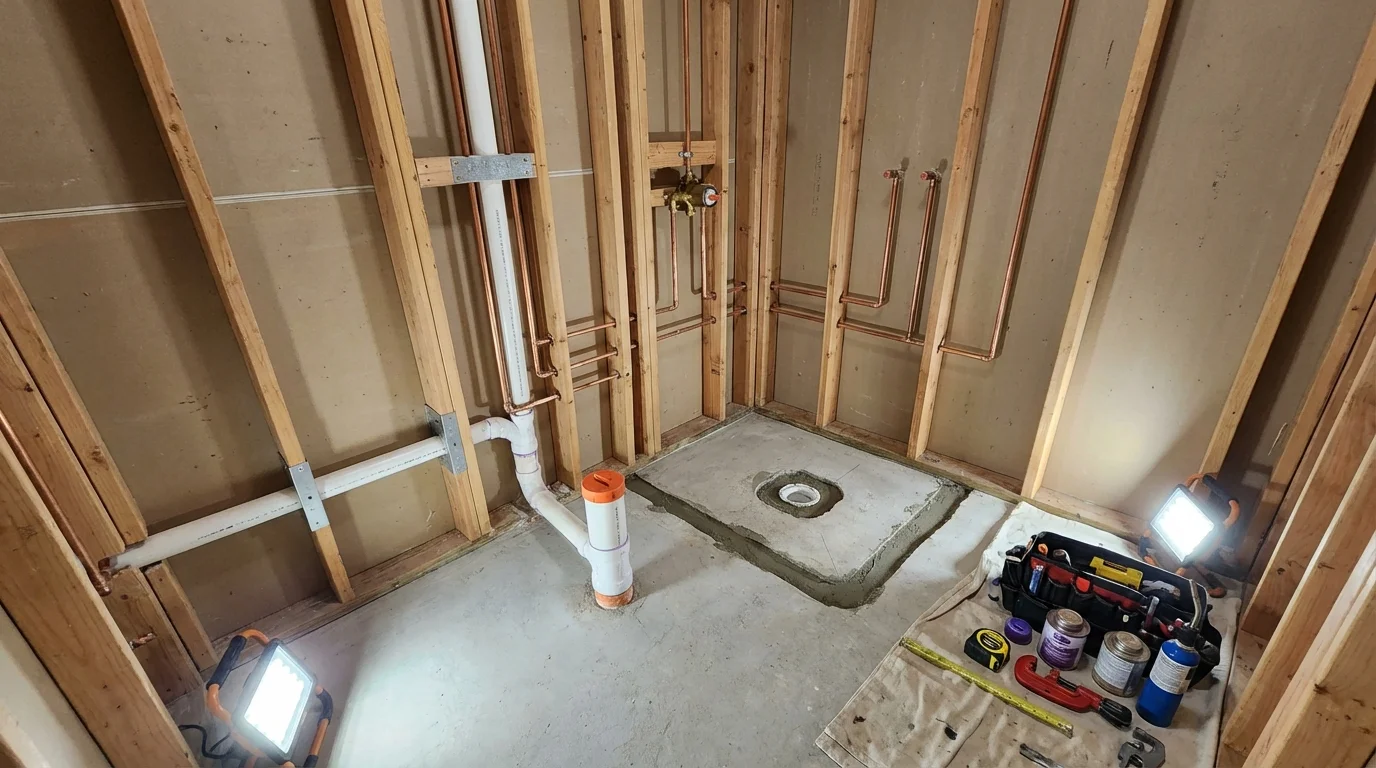 Bathroom rough-in plumbing during remodel by Johns Plumbing LLC in Hopwood