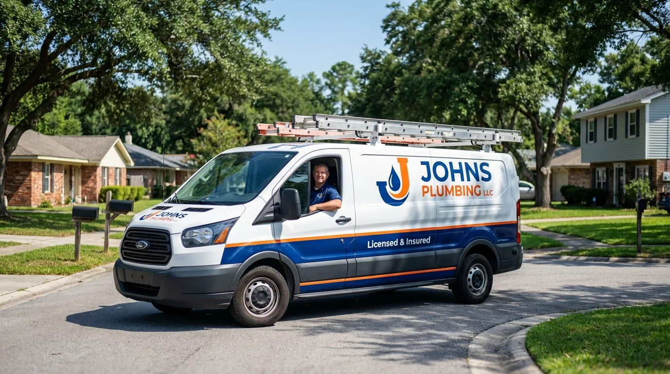 Johns Plumbing LLC service van in Hopwood, PA