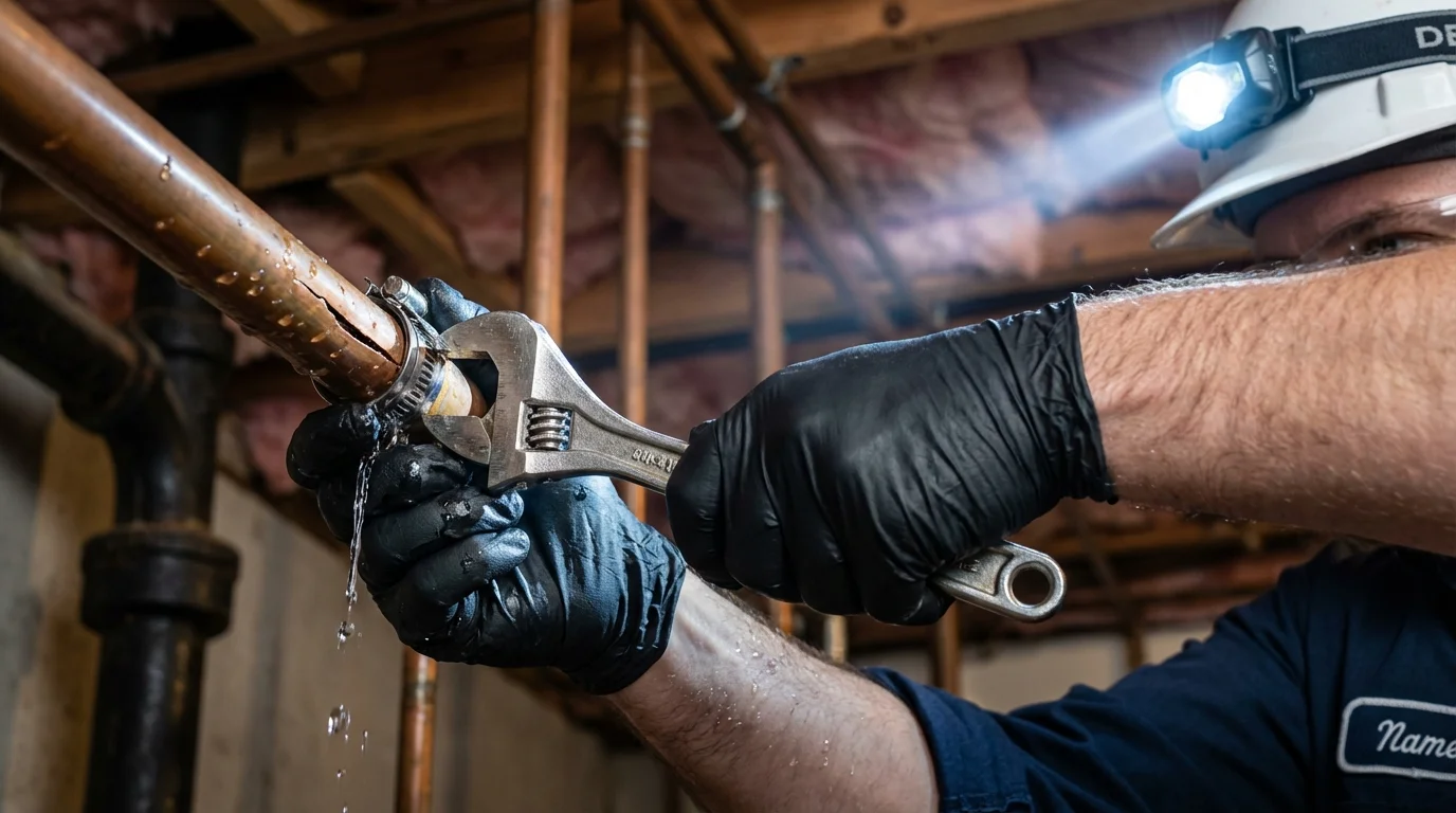 Emergency pipe clamp repair being performed by a Johns Plumbing LLC plumber in Hopwood