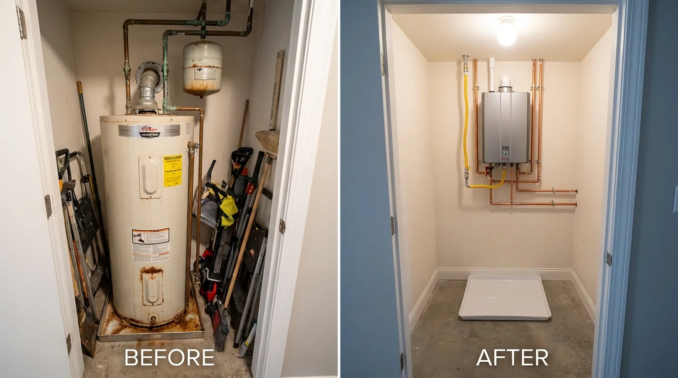 Tank water heater versus wall-mounted tankless unit comparison for Hopwood, PA homeowners