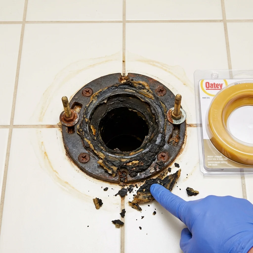 Failed wax ring showing water seepage at the base of a toilet in a Hopwood, PA home