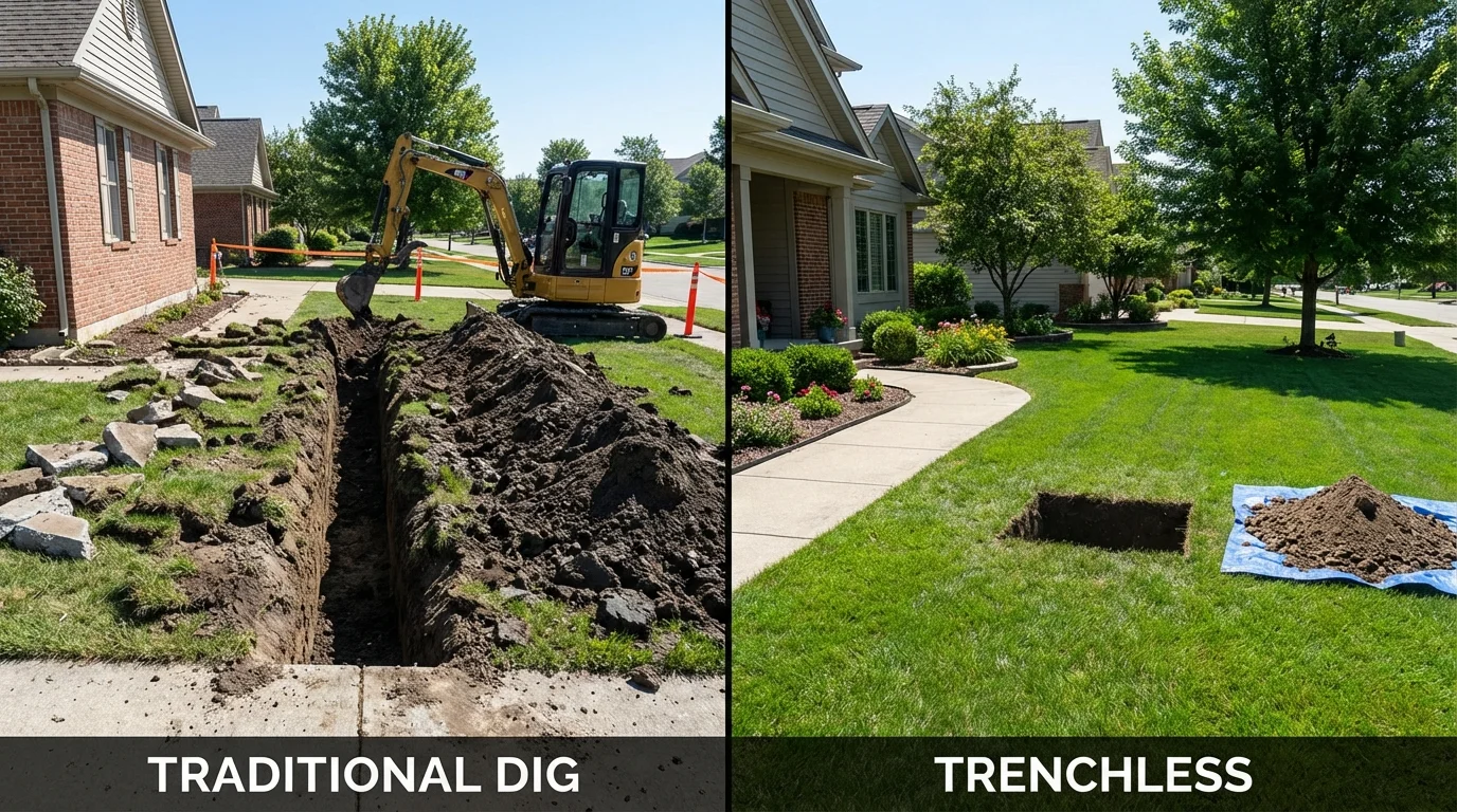 Trenchless sewer repair with minimal yard damage versus traditional excavation in Hopwood, PA