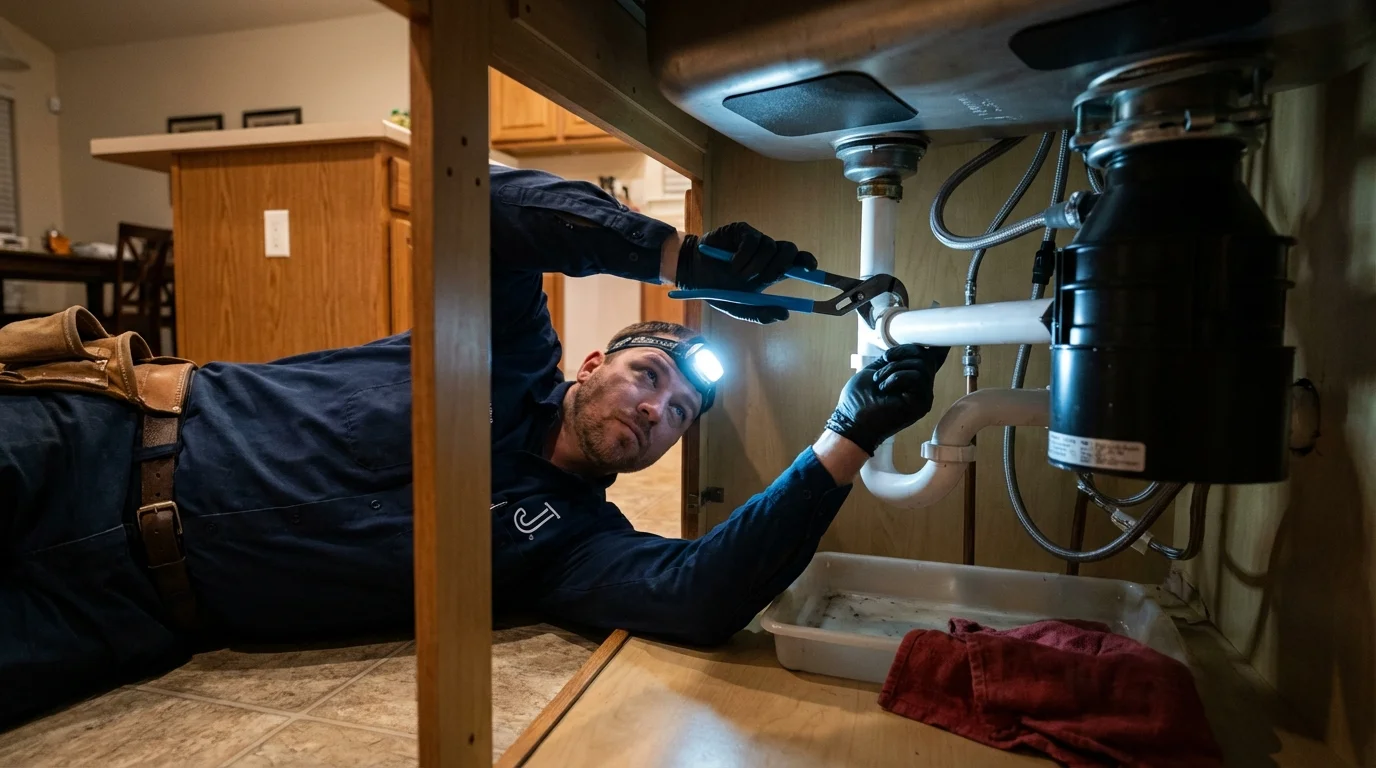 P-trap and supply line connections under a kitchen sink showing a common leak point in Hopwood, PA
